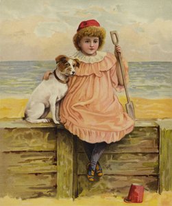 Egy lány ül a kutyájával a tengerparton alkotó: English School